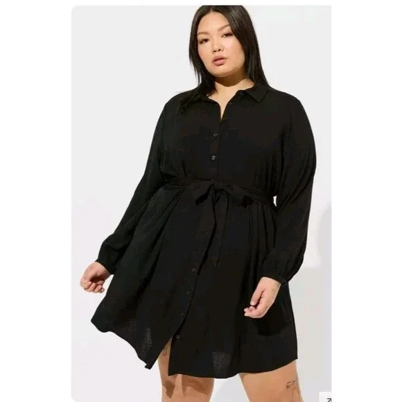 Torrid Mini Rayon Slub Button Down Shirtdress Plus Size 2X Black Pockets - Picture 1 of 9
